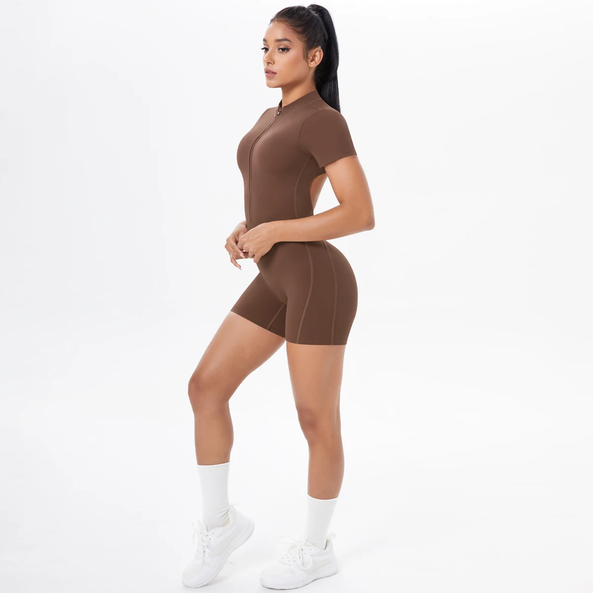 Hollow Out Backless Short Sleeved Zipper Jumpsuit for Woman Jumpsuit Yoga Suit One-Piece Legging Short Push Up Gym Yoga Clothing