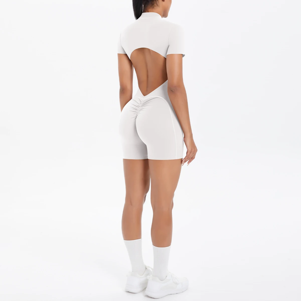 Hollow Out Backless Short Sleeved Zipper Jumpsuit for Woman Jumpsuit Yoga Suit One-Piece Legging Short Push Up Gym Yoga Clothing