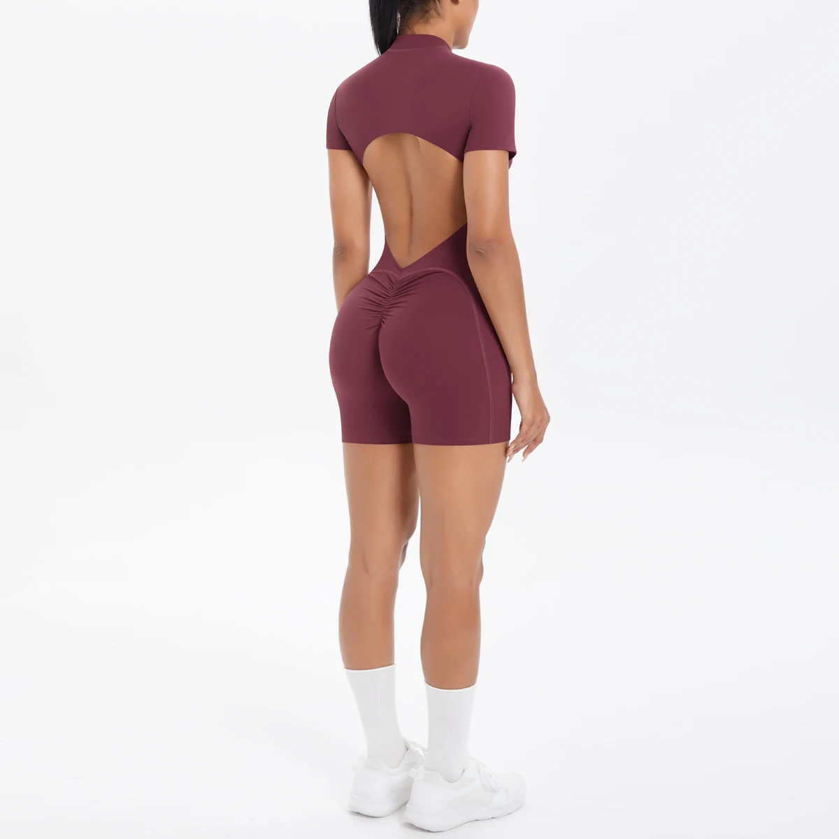 Hollow Out Backless Short Sleeved Zipper Jumpsuit for Woman Jumpsuit Yoga Suit One-Piece Legging Short Push Up Gym Yoga Clothing