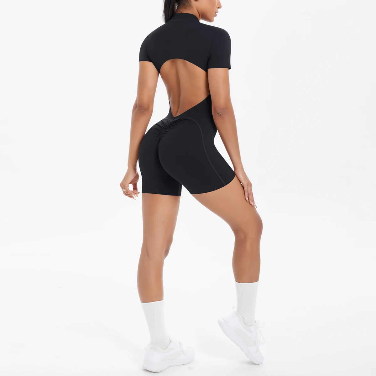 Hollow Out Backless Short Sleeved Zipper Jumpsuit for Woman Jumpsuit Yoga Suit One-Piece Legging Short Push Up Gym Yoga Clothing