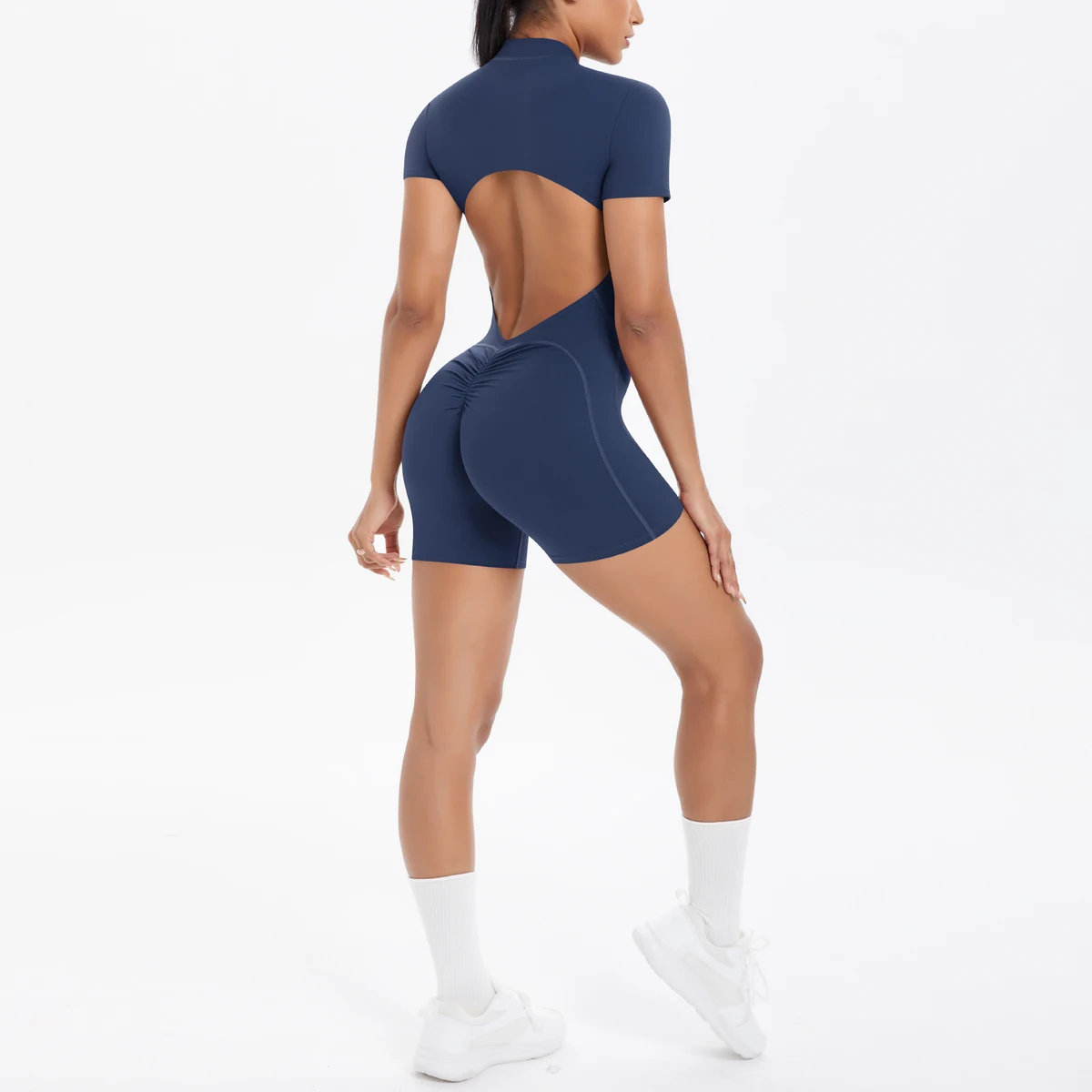Hollow Out Backless Short Sleeved Zipper Jumpsuit for Woman Jumpsuit Yoga Suit One-Piece Legging Short Push Up Gym Yoga Clothing