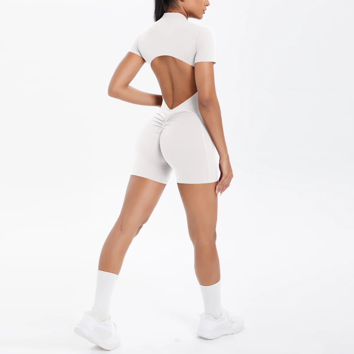 Hollow Out Backless Short Sleeved Zipper Jumpsuit for Woman Jumpsuit Yoga Suit One-Piece Legging Short Push Up Gym Yoga Clothing