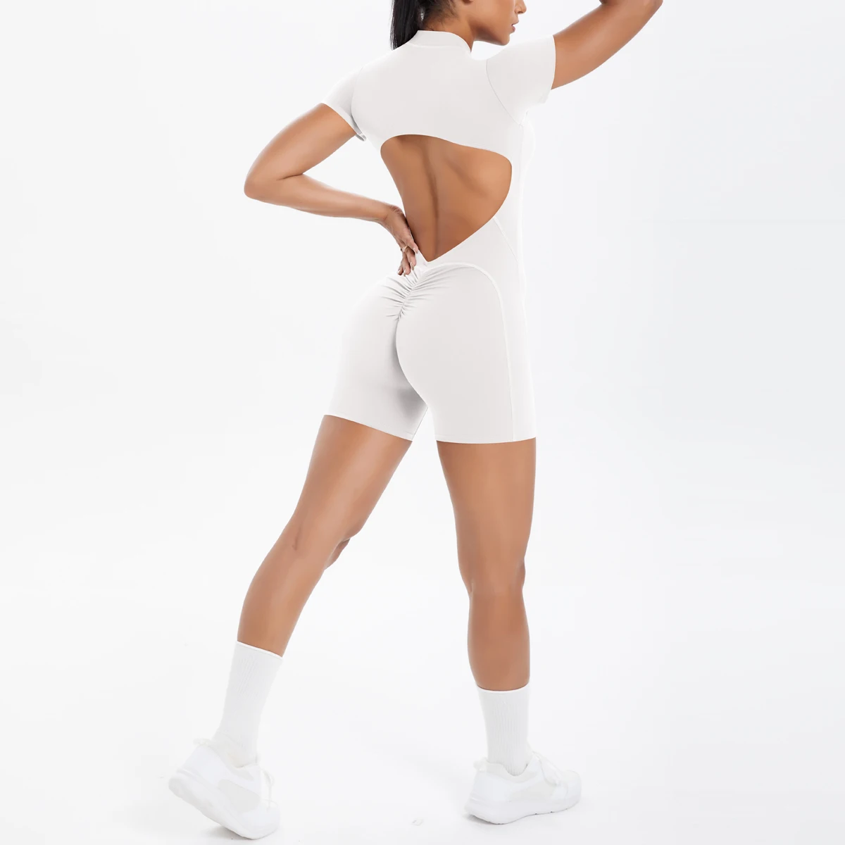 Hollow Out Backless Short Sleeved Zipper Jumpsuit for Woman Jumpsuit Yoga Suit One-Piece Legging Short Push Up Gym Yoga Clothing