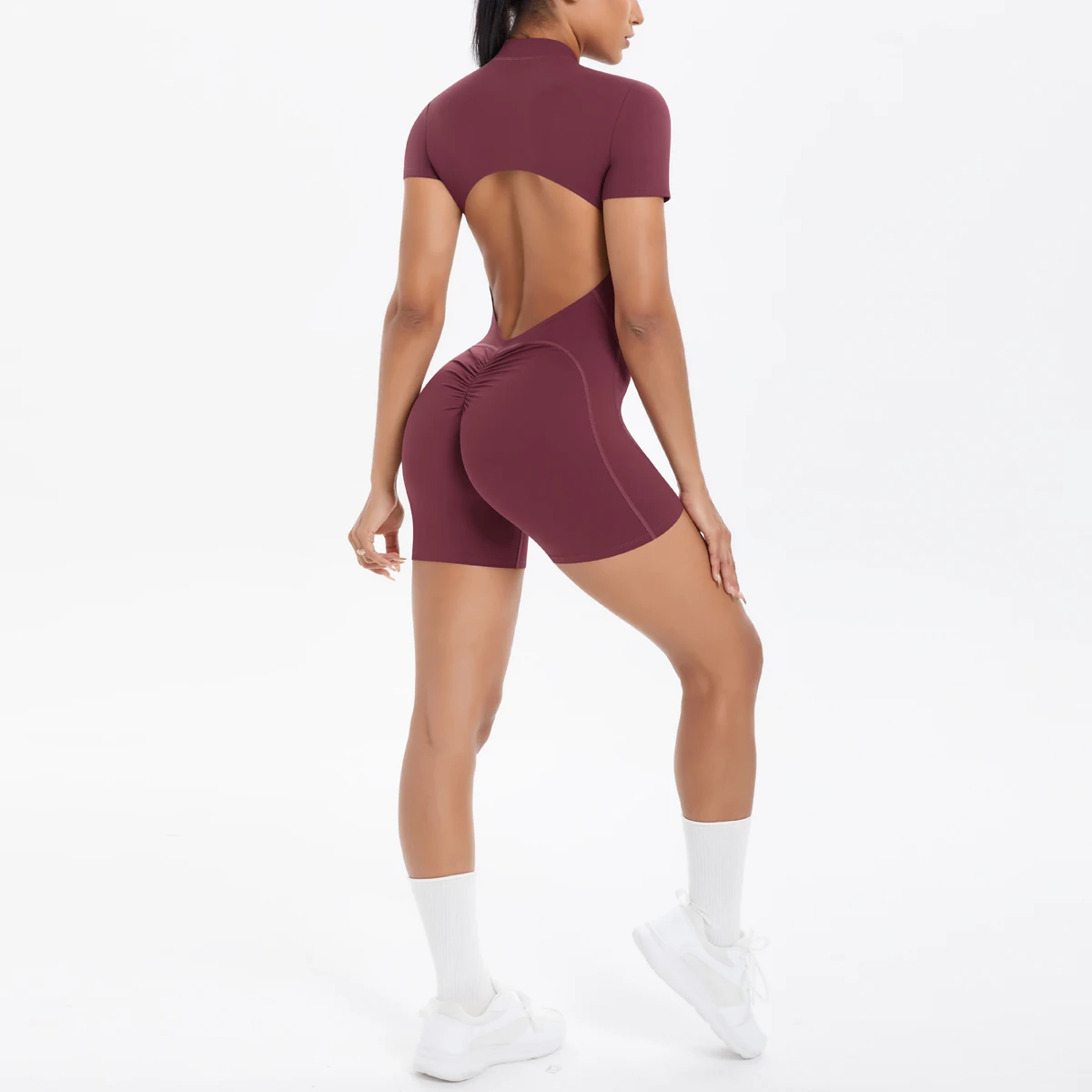 Hollow Out Backless Short Sleeved Zipper Jumpsuit for Woman Jumpsuit Yoga Suit One-Piece Legging Short Push Up Gym Yoga Clothing