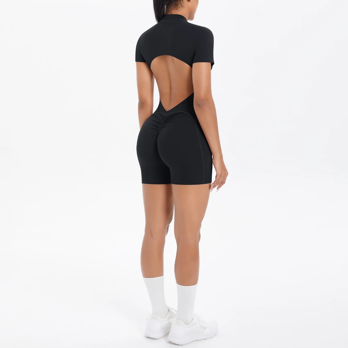 Hollow Out Backless Short Sleeved Zipper Jumpsuit for Woman Jumpsuit Yoga Suit One-Piece Legging Short Push Up Gym Yoga Clothing