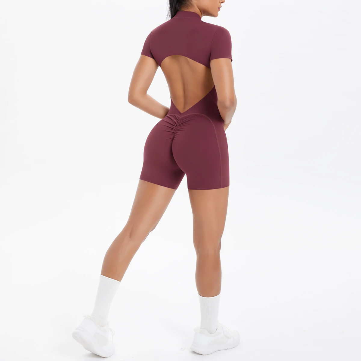Hollow Out Backless Short Sleeved Zipper Jumpsuit for Woman Jumpsuit Yoga Suit One-Piece Legging Short Push Up Gym Yoga Clothing