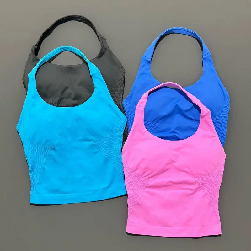 Gym Sports Top Women Seamless Yoga Tank Longline Strappy Top Open Back Bra Sportswear Gym Clothing Running Workout Halter