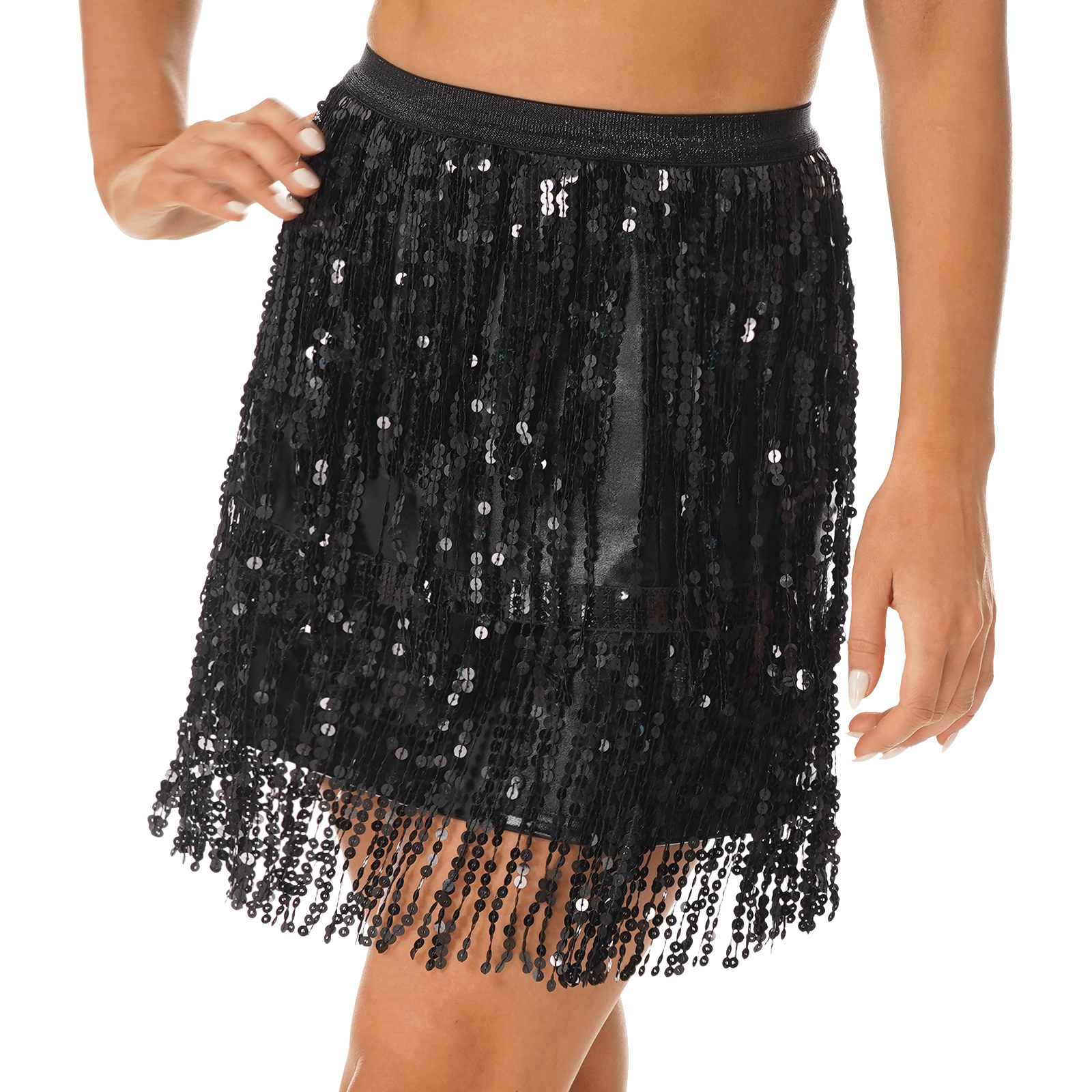 Fringed Mini Skirts Latindance Womens Sparkly Sequin Tassel Skirt Latin Dance Costume Clubwear Bellydance Costume Dancewear