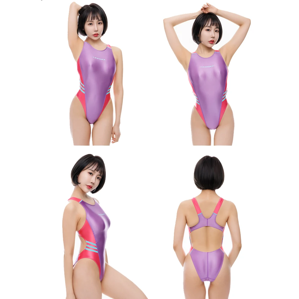 LEOHEX Women's Sexy One-piece Spandex High Cut Competitive Racing Athletic Swimwear Elastic Bodysuit Tight Leotards Bathing Suit