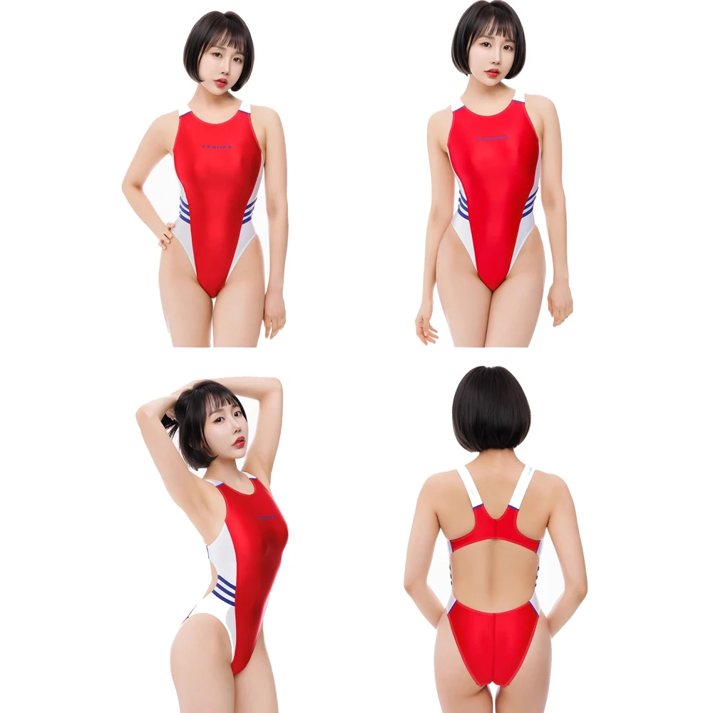 LEOHEX Women's Sexy One-piece Spandex High Cut Competitive Racing Athletic Swimwear Elastic Bodysuit Tight Leotards Bathing Suit
