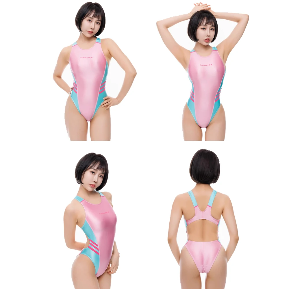 LEOHEX Women's Sexy One-piece Spandex High Cut Competitive Racing Athletic Swimwear Elastic Bodysuit Tight Leotards Bathing Suit
