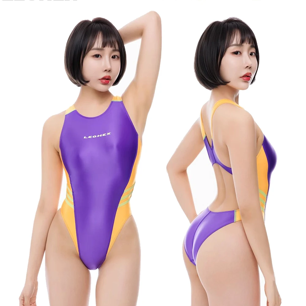 LEOHEX Women's Sexy One-piece Spandex High Cut Competitive Racing Athletic Swimwear Elastic Bodysuit Tight Leotards Bathing Suit