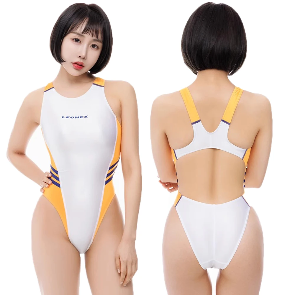 LEOHEX Women's Sexy One-piece Spandex High Cut Competitive Racing Athletic Swimwear Elastic Bodysuit Tight Leotards Bathing Suit