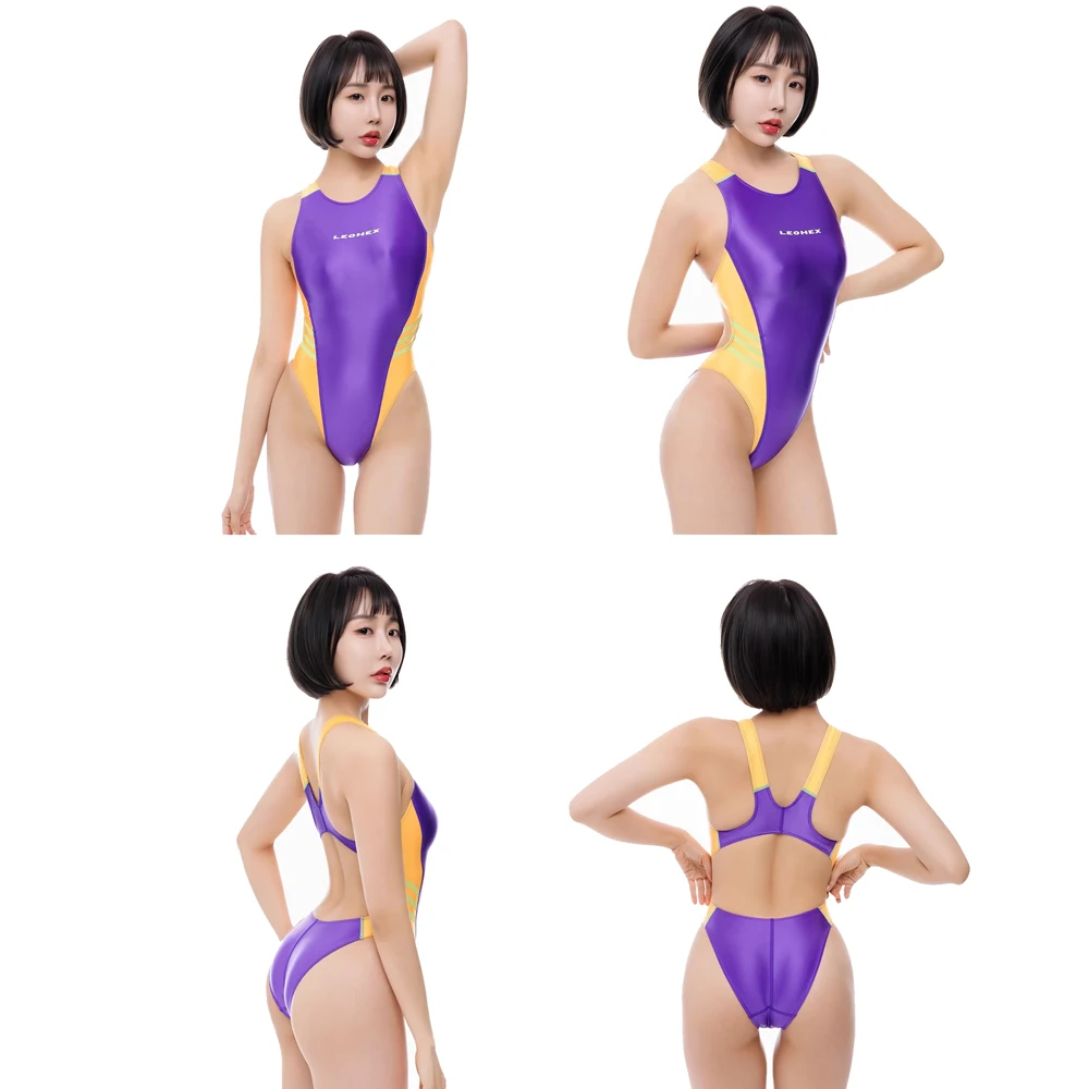 LEOHEX Women's Sexy One-piece Spandex High Cut Competitive Racing Athletic Swimwear Elastic Bodysuit Tight Leotards Bathing Suit