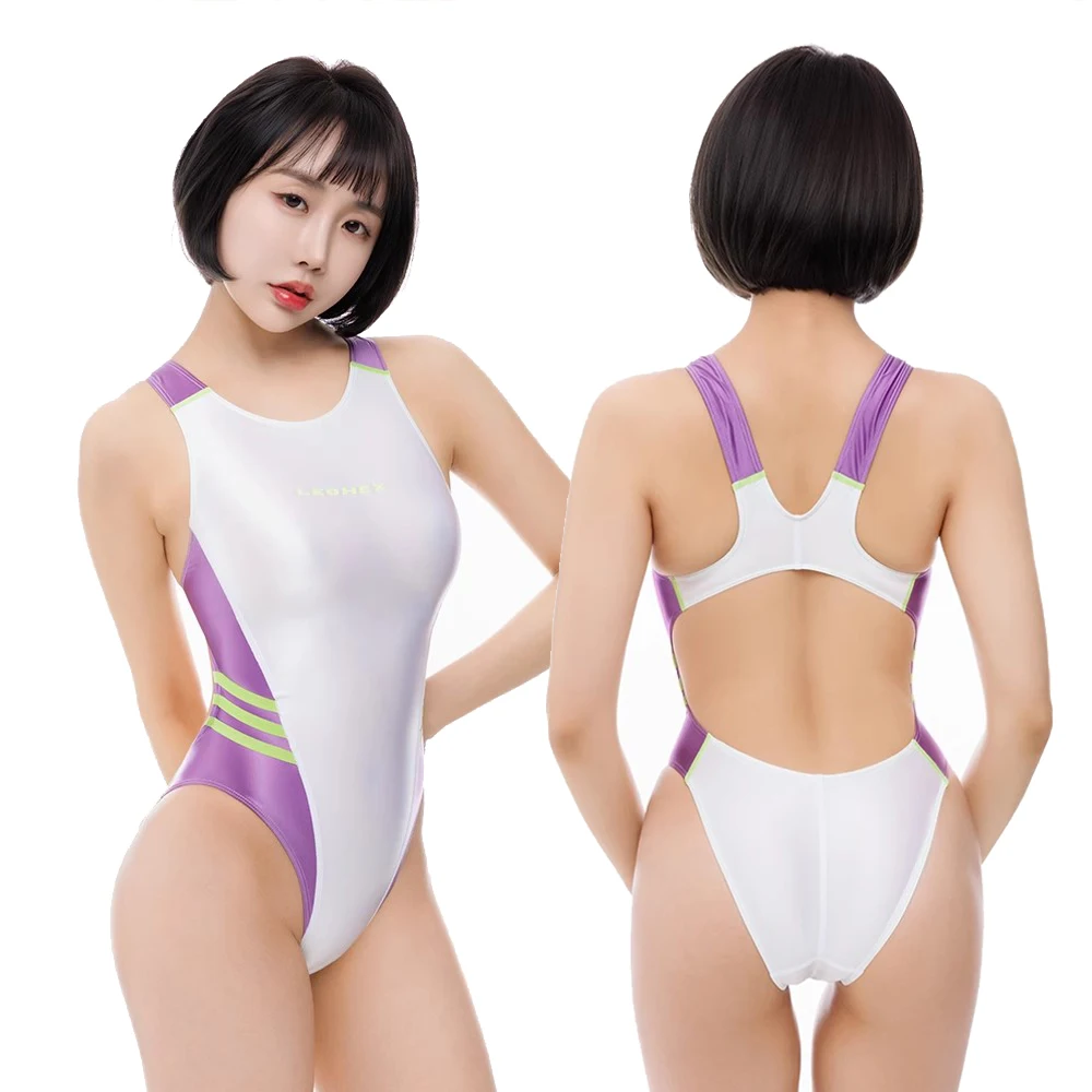 LEOHEX Women's Sexy One-piece Spandex High Cut Competitive Racing Athletic Swimwear Elastic Bodysuit Tight Leotards Bathing Suit