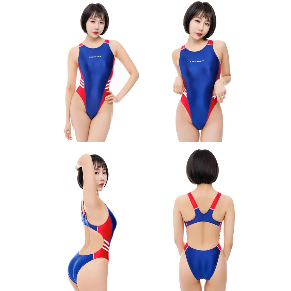 LEOHEX Women's Sexy One-piece Spandex High Cut Competitive Racing Athletic Swimwear Elastic Bodysuit Tight Leotards Bathing Suit