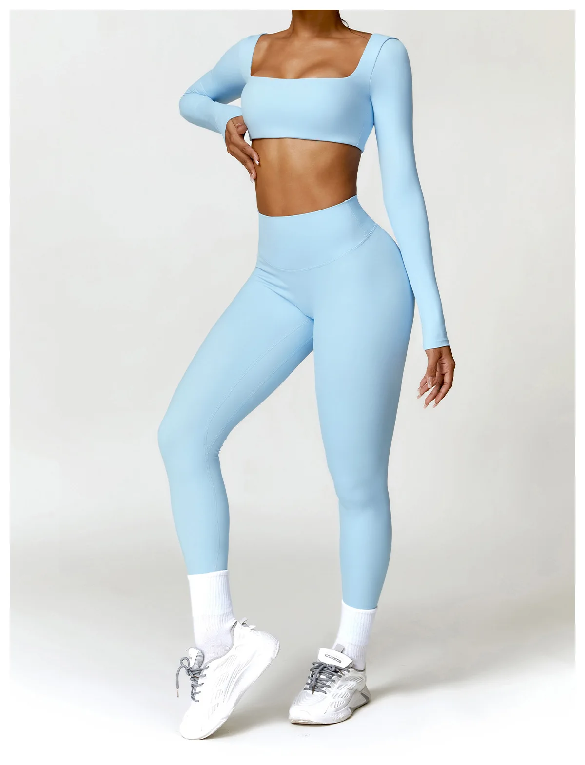 Hearuisavy Summer 2PCS Long Sleeve Gym Set Women Yoga Clothes Quick-Drying Sportswear Running Leggings Workout Sports Crop Top