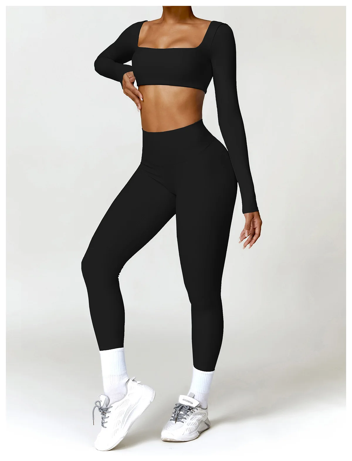 Hearuisavy Summer 2PCS Long Sleeve Gym Set Women Yoga Clothes Quick-Drying Sportswear Running Leggings Workout Sports Crop Top