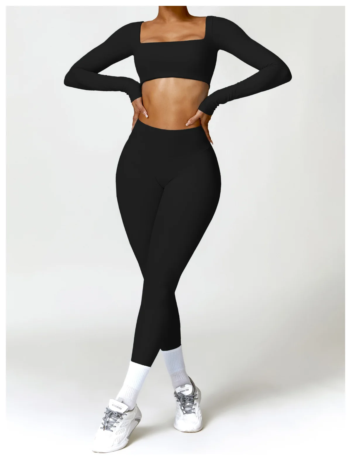 Hearuisavy Summer 2PCS Long Sleeve Gym Set Women Yoga Clothes Quick-Drying Sportswear Running Leggings Workout Sports Crop Top