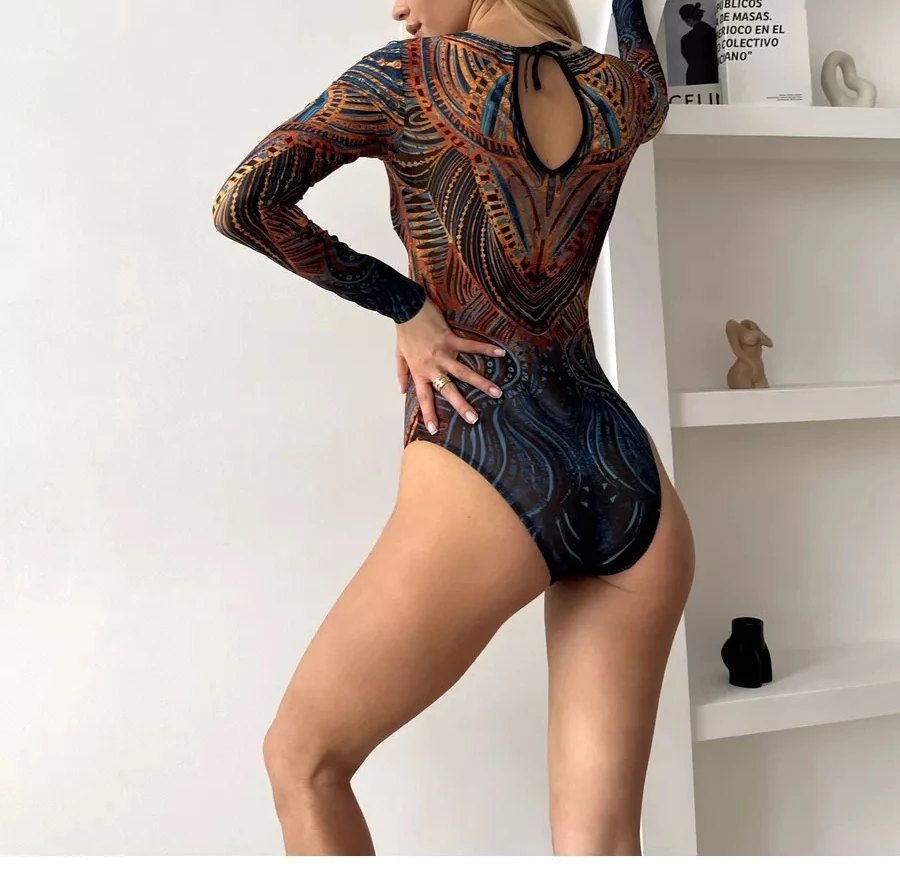 Women Long Sleeve Tattoo Swimsuit UV Protection Rash Guard SPF Sunblock Surfing Suit Diving Swimwear Beach Sportswear Bodysuits