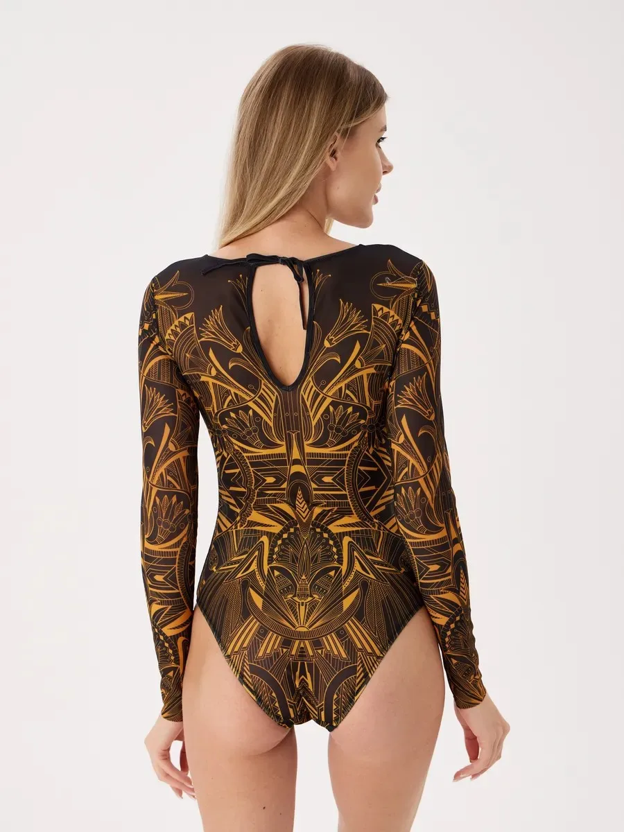 Women Long Sleeve Tattoo Swimsuit UV Protection Rash Guard SPF Sunblock Surfing Suit Diving Swimwear Beach Sportswear Bodysuits