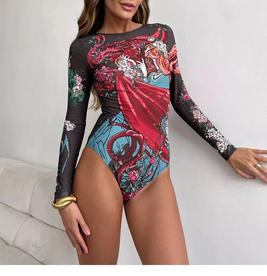 Women Long Sleeve Tattoo Swimsuit UV Protection Rash Guard SPF Sunblock Surfing Suit Diving Swimwear Beach Sportswear Bodysuits