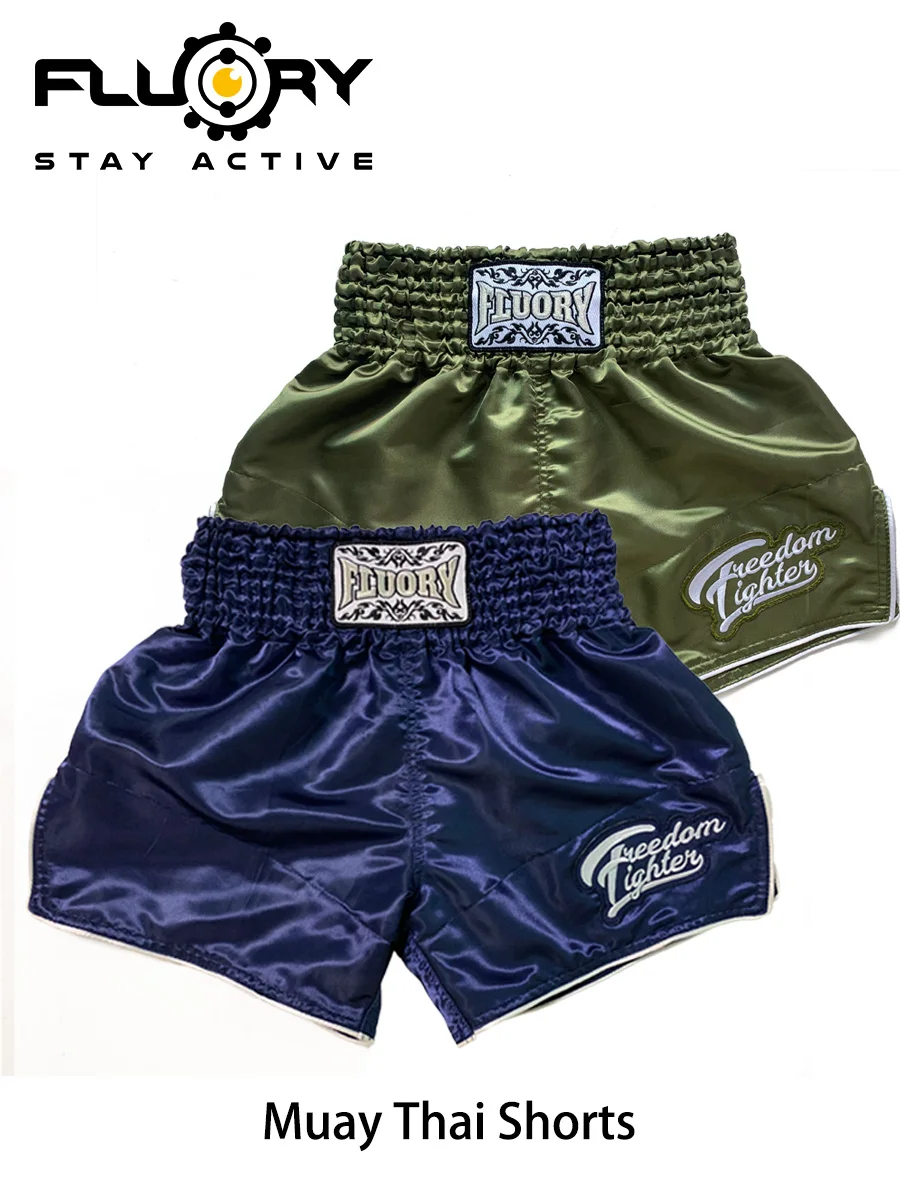FLUORY Muay Thai Shorts Solid Color Embroidered Soft and Comfortable Training Shorts Men's Fighting Women's MMA Boxing Shorts