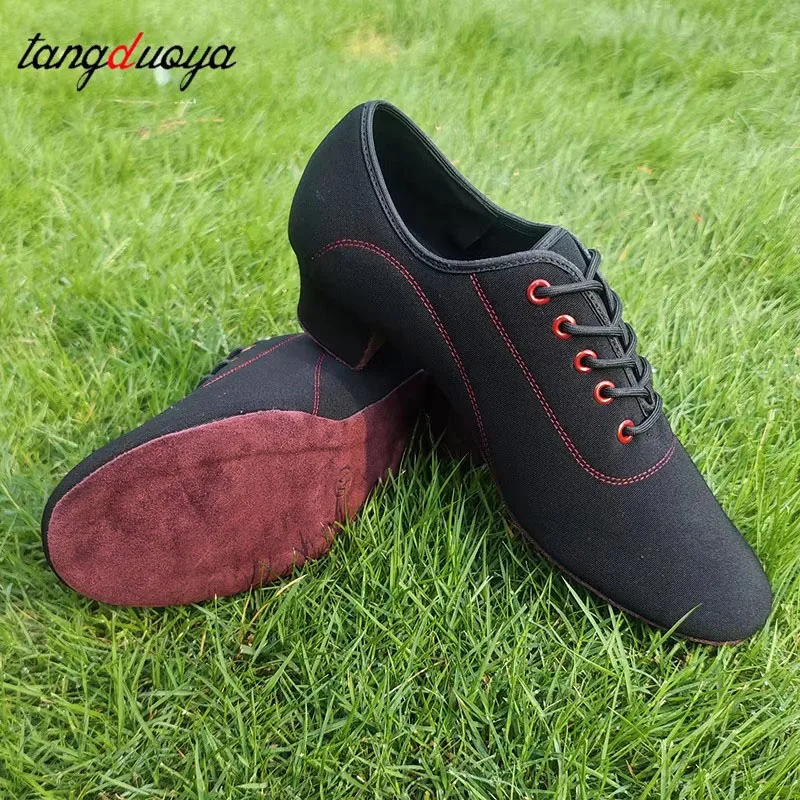 Men Latin Dance Shoes Adult Suede Soles Teacher Shoes Soft Base Male Oxford Heel Canvas Breathable Dance Sneakers 