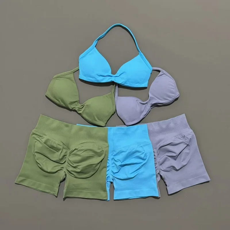 2 Piece Sports Gym Set Strappy Bra Yoga Underwear Short Sport Leggings Bicycle Running Sportswear Woman Seamless Yoga Set