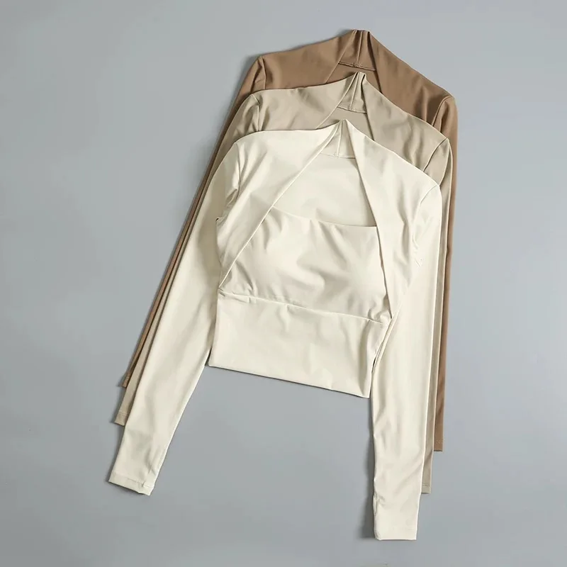 Fitness Chest Cushion Sports Top Women Long Sleeve Shirts Pra Speed Up Short Elegant Dance Yoga Clothes Small Waistband Gym
