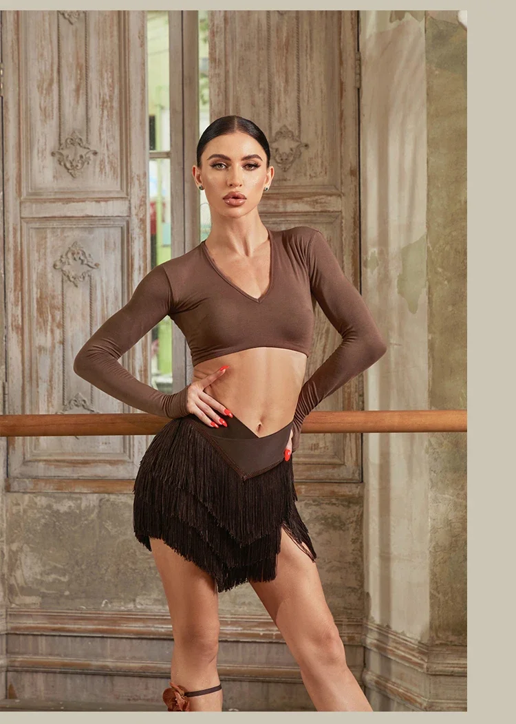 New Latin Dance Clothes Long Sleeves Backless Tops Fringe Skirt Women Cha Cha Rumba Samba Dance Training Practice Wear