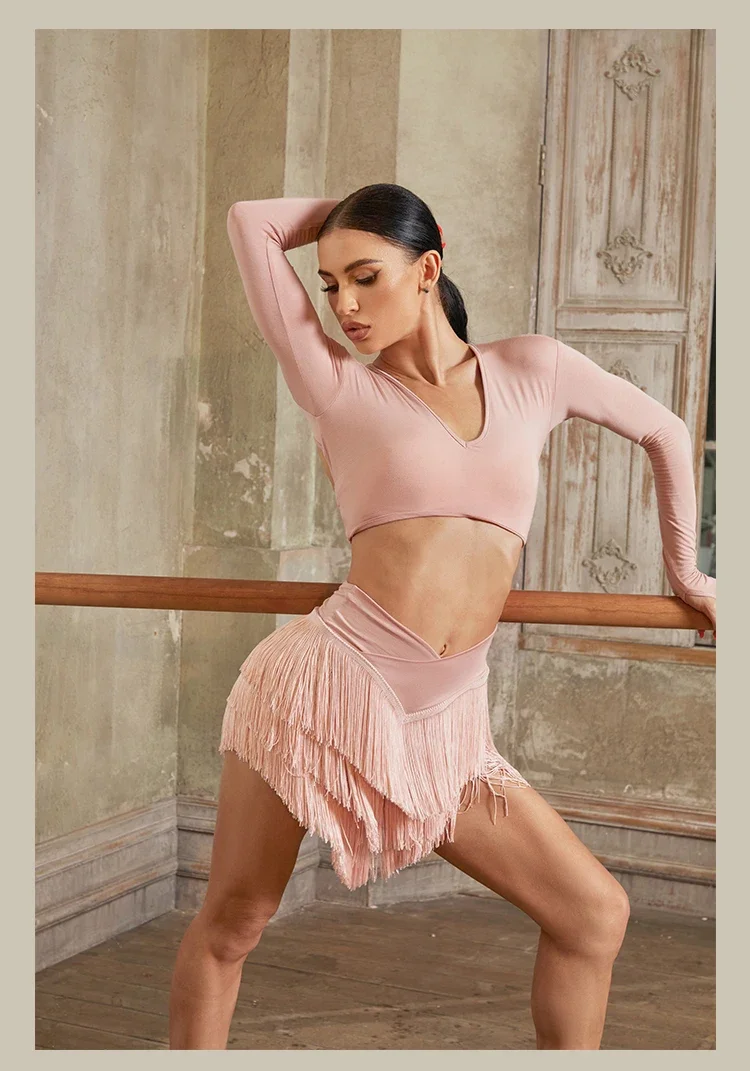 New Latin Dance Clothes Long Sleeves Backless Tops Fringe Skirt Women Cha Cha Rumba Samba Dance Training Practice Wear