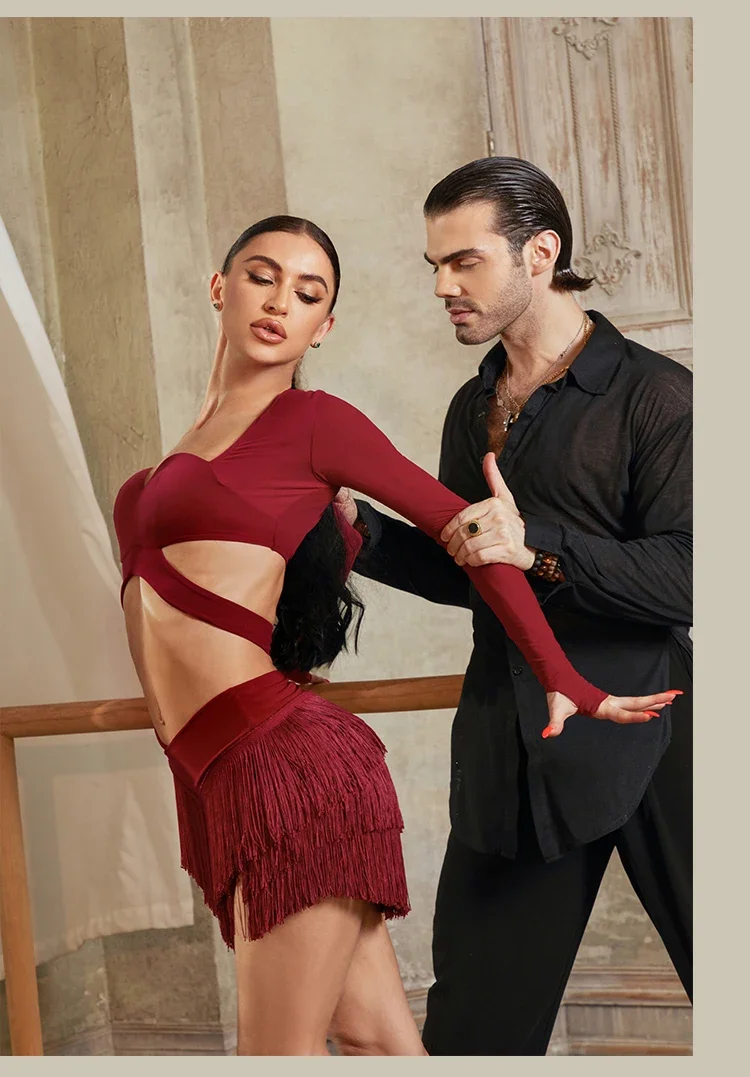 New Latin Dance Clothes Long Sleeves Backless Tops Fringe Skirt Women Cha Cha Rumba Samba Dance Training Practice Wear