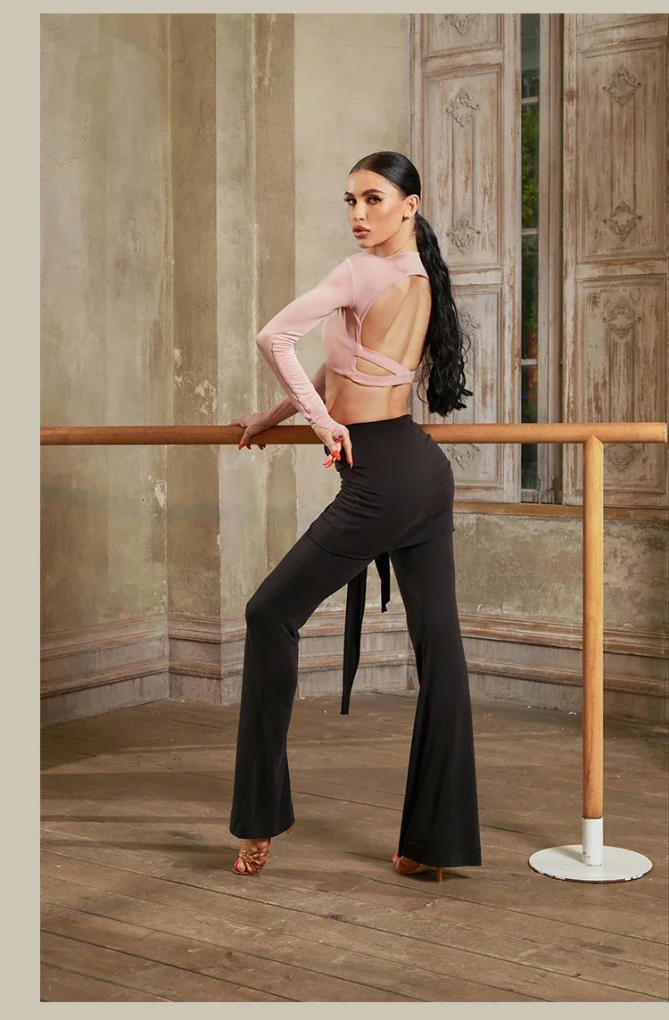 New Latin Dance Clothes Long Sleeves Backless Tops Fringe Skirt Women Cha Cha Rumba Samba Dance Training Practice Wear