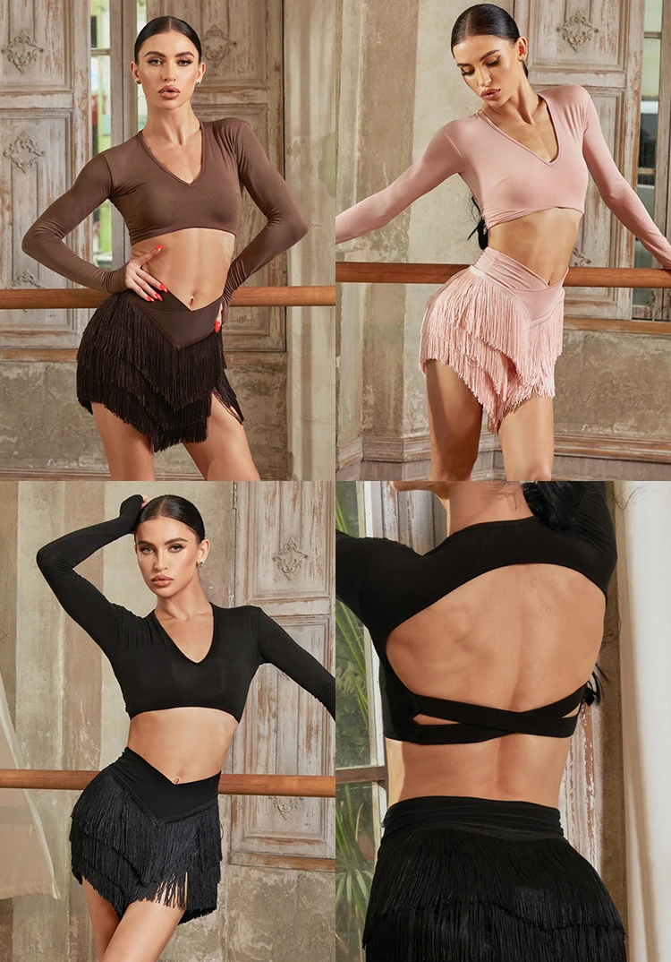 New Latin Dance Clothes Long Sleeves Backless Tops Fringe Skirt Women Cha Cha Rumba Samba Dance Training Practice Wear