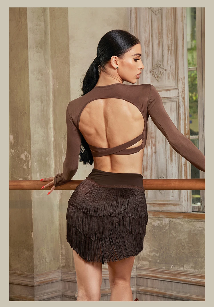 New Latin Dance Clothes Long Sleeves Backless Tops Fringe Skirt Women Cha Cha Rumba Samba Dance Training Practice Wear