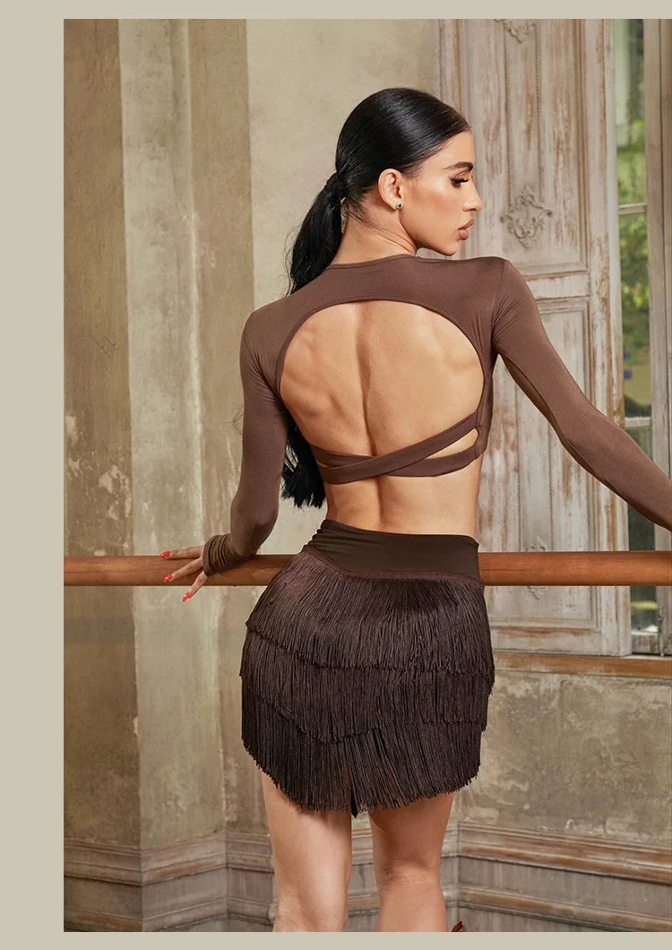 New Latin Dance Clothes Long Sleeves Backless Tops Fringe Skirt Women Cha Cha Rumba Samba Dance Training Practice Wear