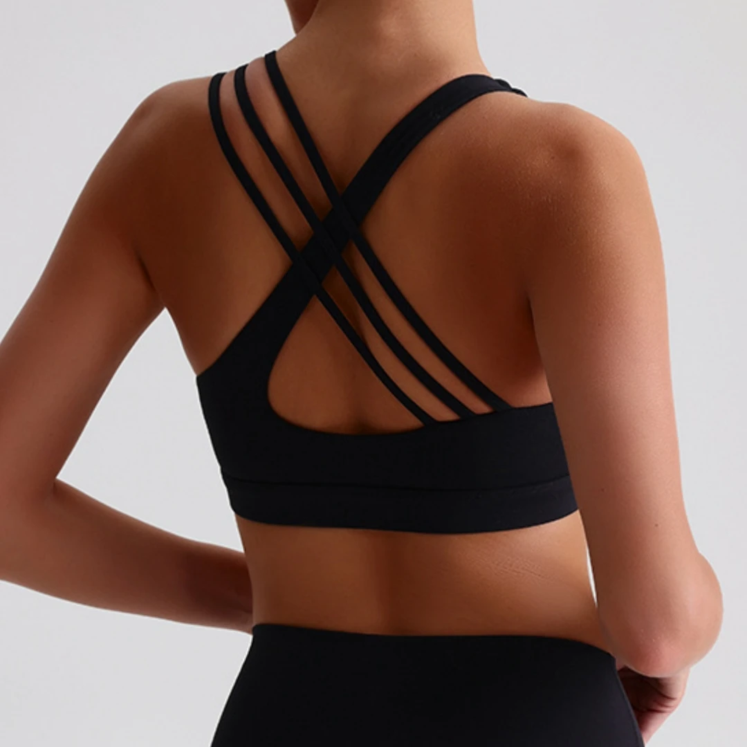 Solid Color Women Fitness Sport Bra Top High Strength Cross Shoulder Strap Gym Underwear Shockproof Tight Workout With Chest Pad