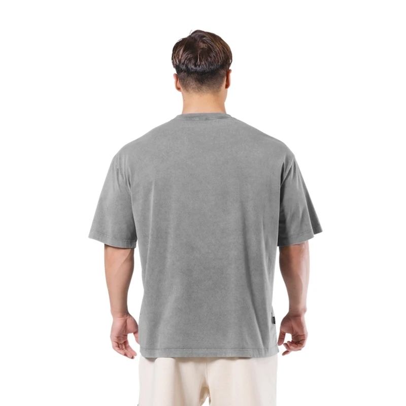 Washed T-Shirt 230G 100Cotton Solid Oversized Loose Fitness Mens Tee Tops Dropped Shoulders Short Sleeve Gym Bodybuilding Shirts