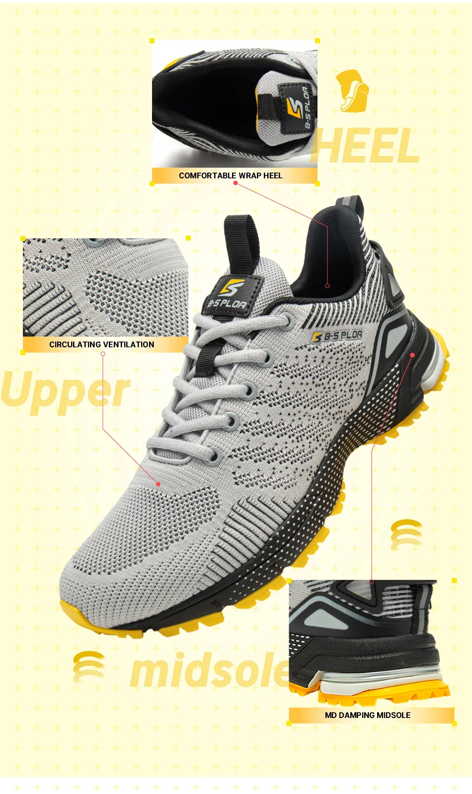 Baasploa Men Running Shoes Outdoor Lightweight Breathable Lace up Tennis Shoes Male Casual Non-Slip Professional Sports Shoes