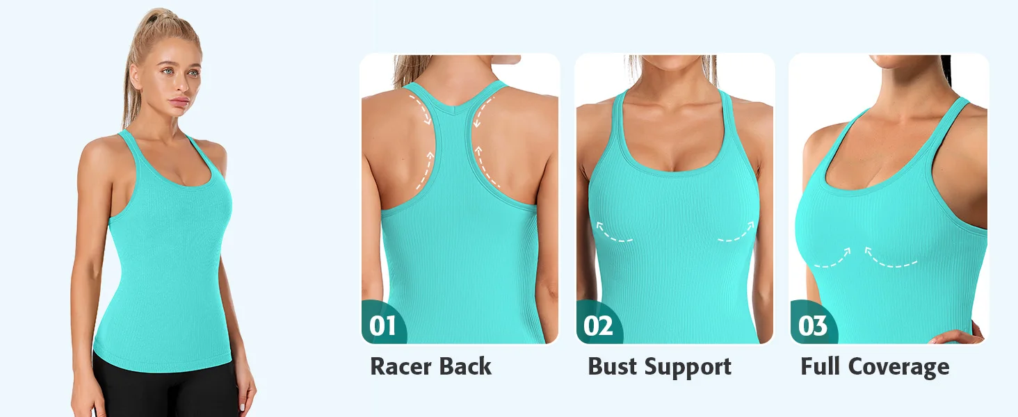 Anfilia Seamless Women Yoga Tank Tops Built-in Bras High Stretchy Knit Ribbed Racerback Hip Length Scoop Neck Tight Workout Tops