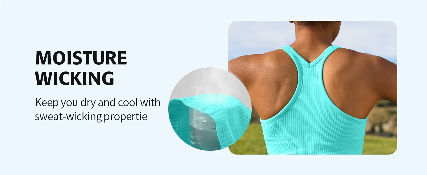 Anfilia Seamless Women Yoga Tank Tops Built-in Bras High Stretchy Knit Ribbed Racerback Hip Length Scoop Neck Tight Workout Tops