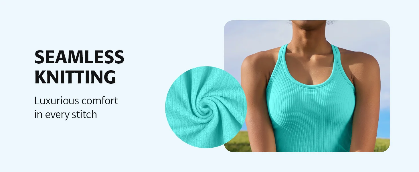 Anfilia Seamless Women Yoga Tank Tops Built-in Bras High Stretchy Knit Ribbed Racerback Hip Length Scoop Neck Tight Workout Tops