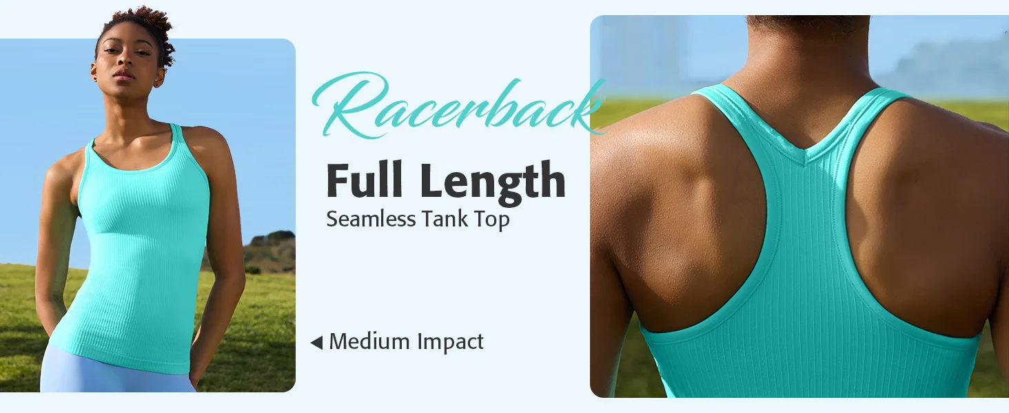 Anfilia Seamless Women Yoga Tank Tops Built-in Bras High Stretchy Knit Ribbed Racerback Hip Length Scoop Neck Tight Workout Tops