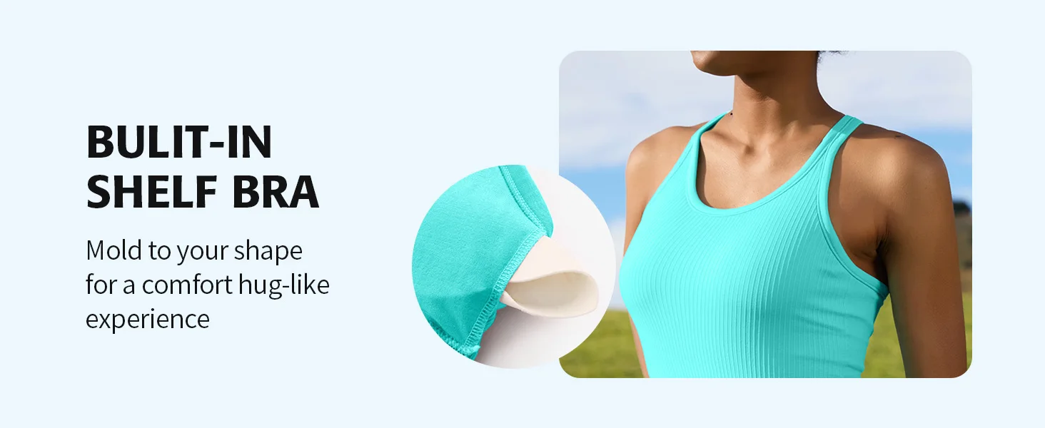 Anfilia Seamless Women Yoga Tank Tops Built-in Bras High Stretchy Knit Ribbed Racerback Hip Length Scoop Neck Tight Workout Tops