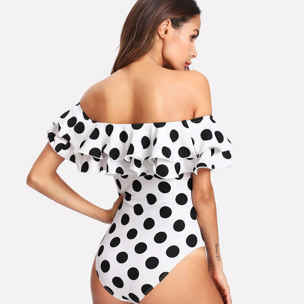 Sexy Off Shoulder One Piece Swimsuit Polka Dot Plus Size Bathing Suit For Women Ruffled High Waisted Swimwear Beach Wear Bather
