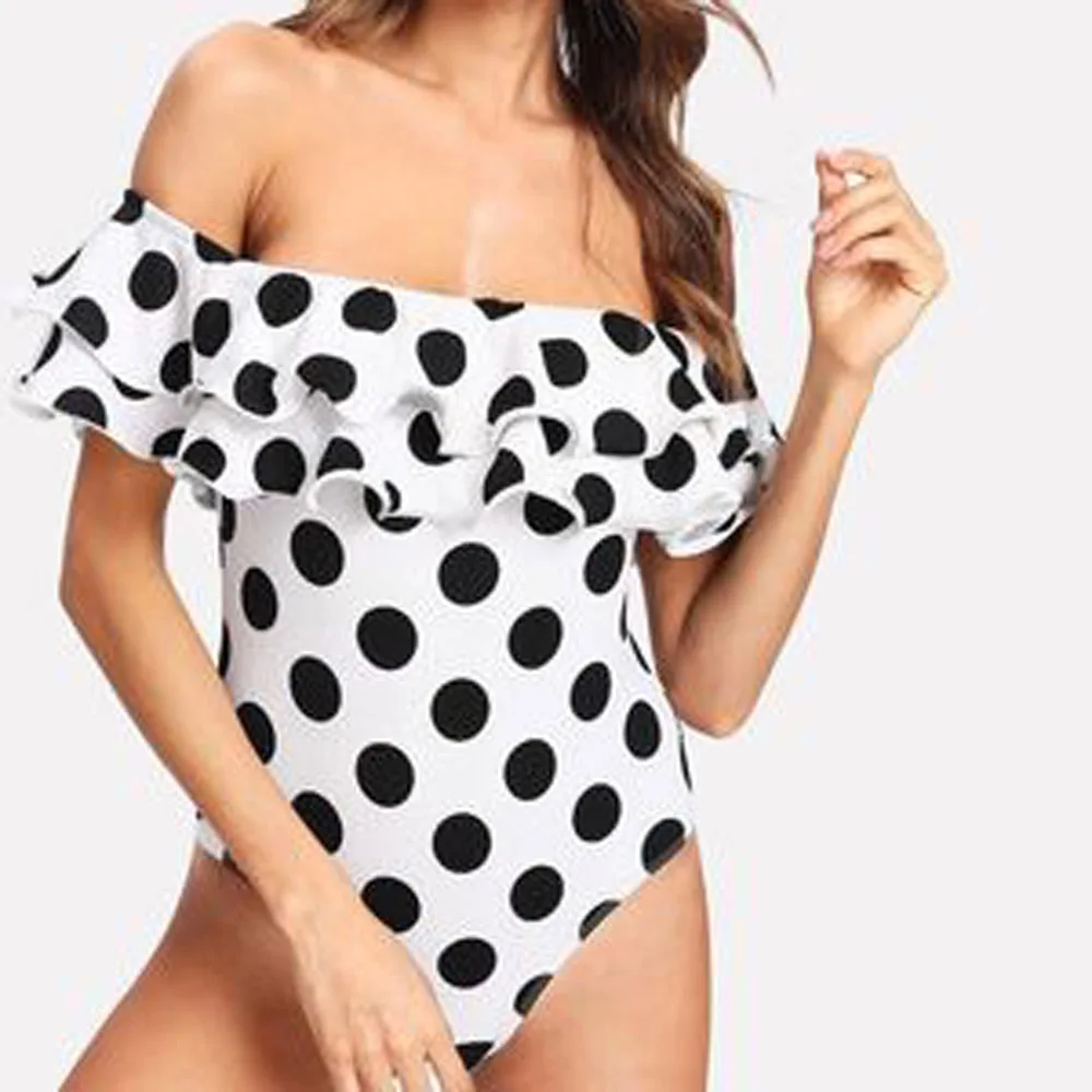 Sexy Off Shoulder One Piece Swimsuit Polka Dot Plus Size Bathing Suit For Women Ruffled High Waisted Swimwear Beach Wear Bather