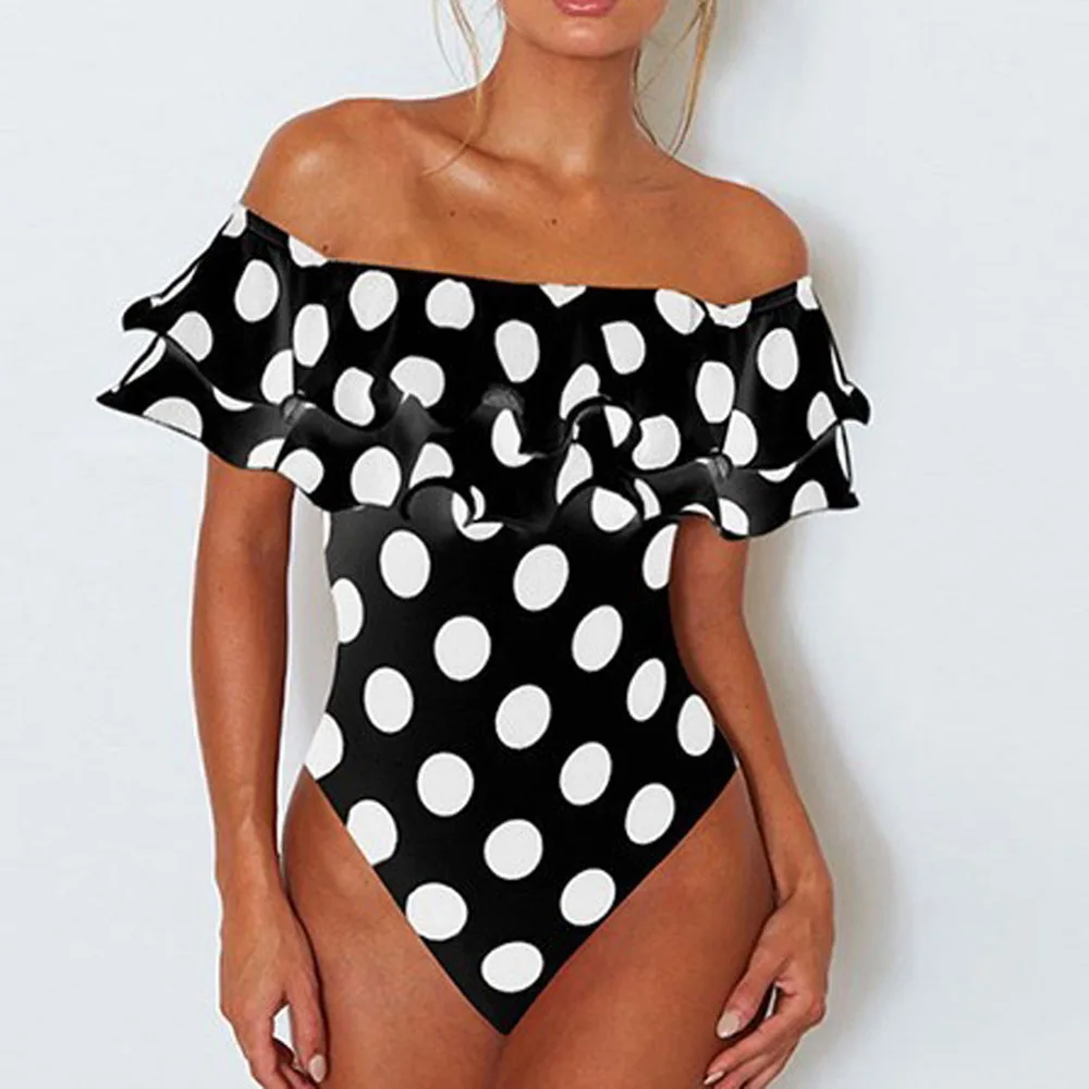 Sexy Off Shoulder One Piece Swimsuit Polka Dot Plus Size Bathing Suit For Women Ruffled High Waisted Swimwear Beach Wear Bather