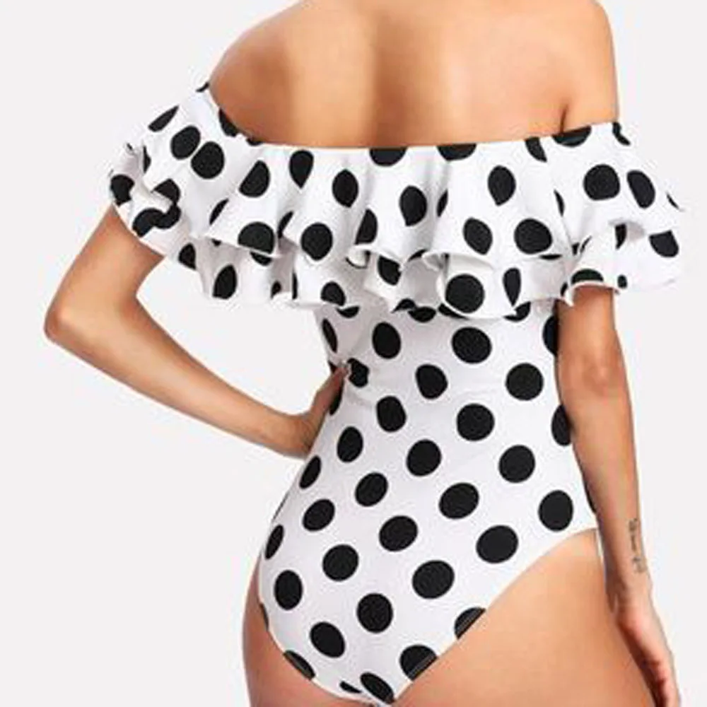 Sexy Off Shoulder One Piece Swimsuit Polka Dot Plus Size Bathing Suit For Women Ruffled High Waisted Swimwear Beach Wear Bather