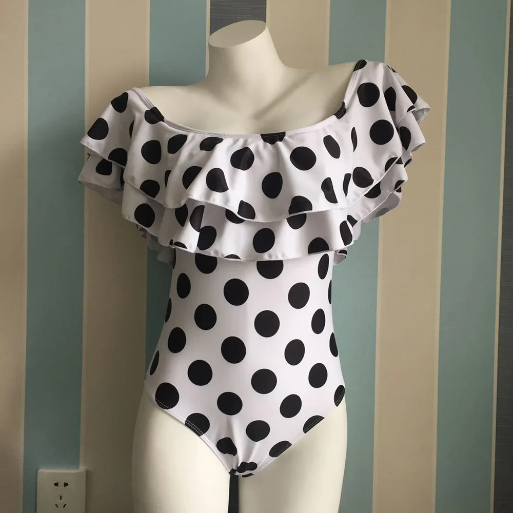 Sexy Off Shoulder One Piece Swimsuit Polka Dot Plus Size Bathing Suit For Women Ruffled High Waisted Swimwear Beach Wear Bather